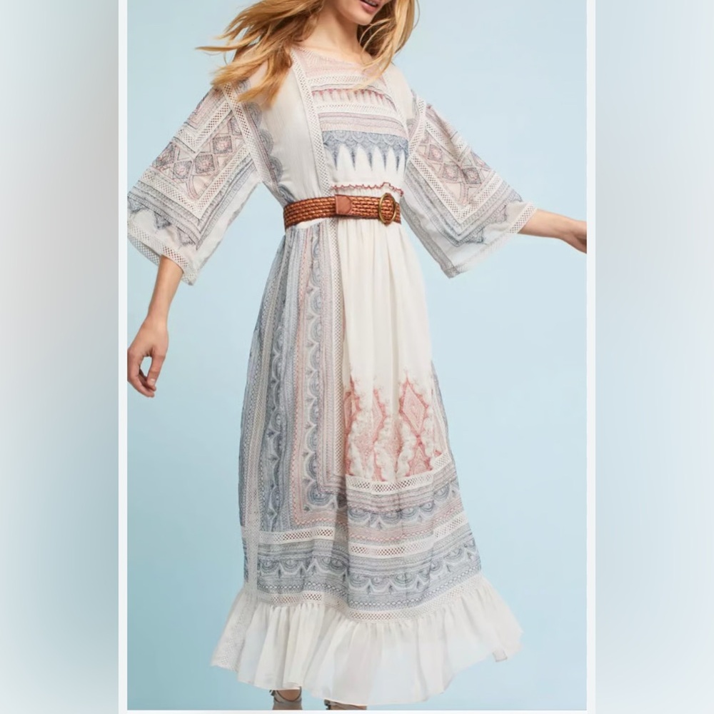 Anthropologie Maeve Toronto Boho Embroidered Peasant Midi Dress w/ Bell Sleeves